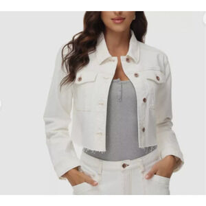 NEW Frye Women's Cropped Raw Hem Denim Jacket in Size M Light Wash Button LS